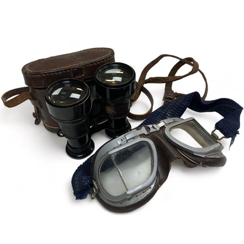 78A - Mark eight flying goggles, stamped for Made in England. Plus, a cased pair of vintage binoculars.