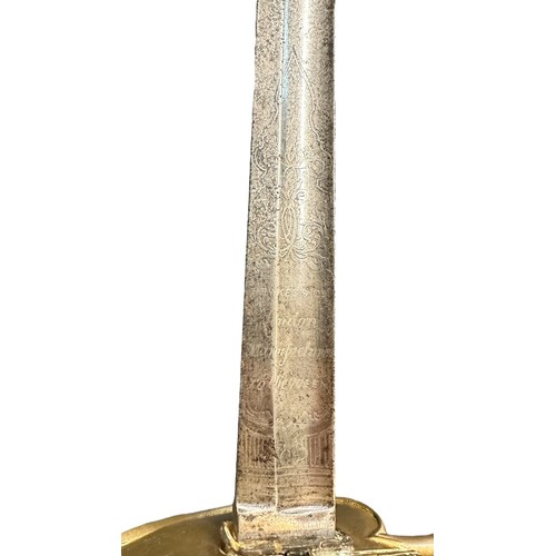 55 - Victorian 1796 pattern dress sword, hinged brass guard with thin chain hilt. Blade marked for ‘ Hawk... 