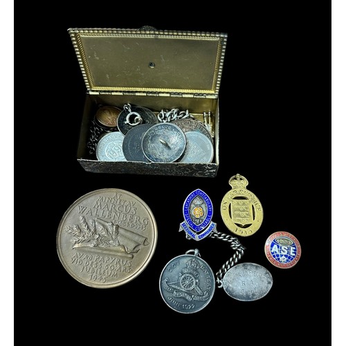 85A - Range of military badges, coins etc with 