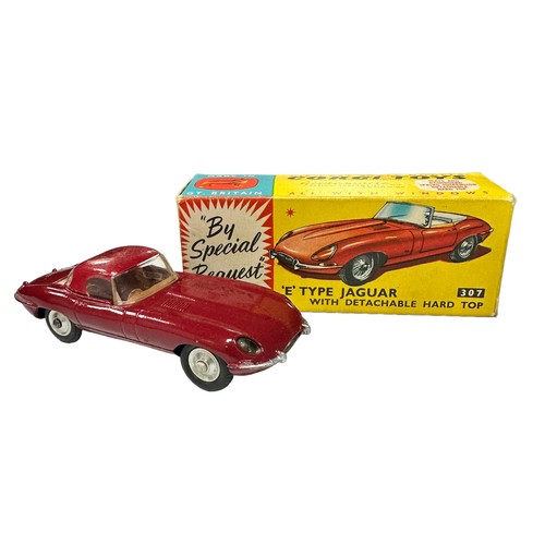 174 - Corgi Jaguar E-Type dark red including detachable hardtop and brown interior No. 307, generally exce... 