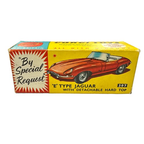 174 - Corgi Jaguar E-Type dark red including detachable hardtop and brown interior No. 307, generally exce... 