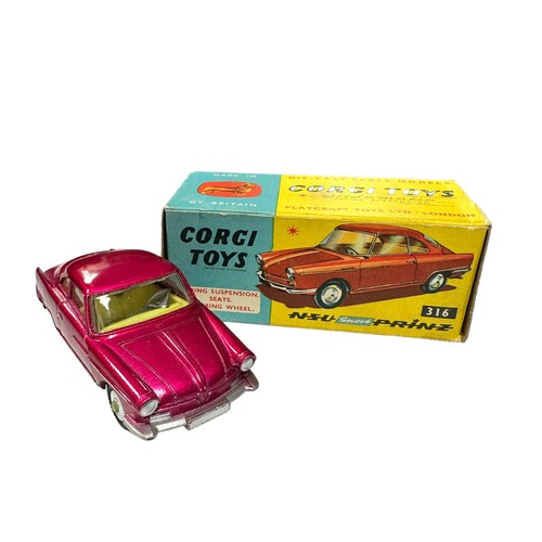 180 - Corgi NSU Prinz Sport cerise with lemon interior and shaped hubs No. 316, generally excellent in goo... 