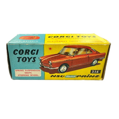 180 - Corgi NSU Prinz Sport cerise with lemon interior and shaped hubs No. 316, generally excellent in goo... 