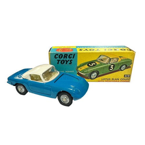 184 - Corgi Lotus Elan Coupe blue with white top, cream interior, wire wheels and detachable chassis No. 3... 