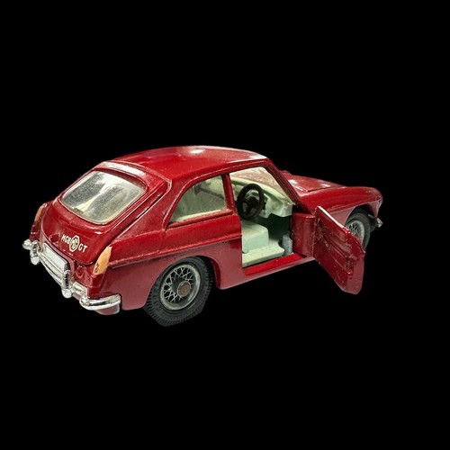 190 - Corgi MGB GT dark red with light blue interior, wire wheels and black suitcase No. 327, generally ex... 