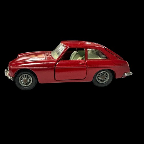 190 - Corgi MGB GT dark red with light blue interior, wire wheels and black suitcase No. 327, generally ex... 