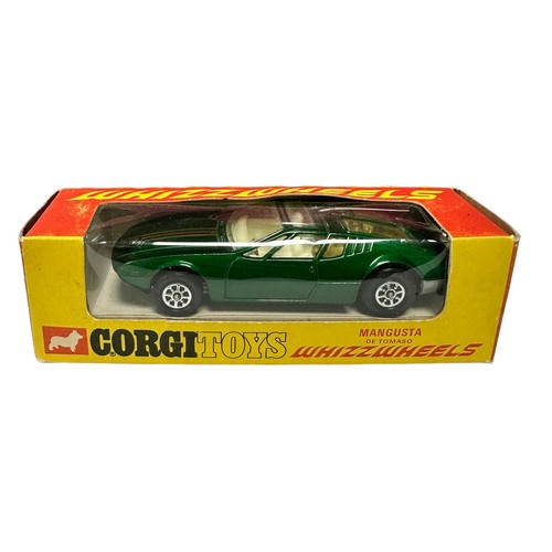 266 - Corgi Whizzwheels De Tomaso Mangusta metallic green with gold decal and intact grey aerial No. 203, ... 