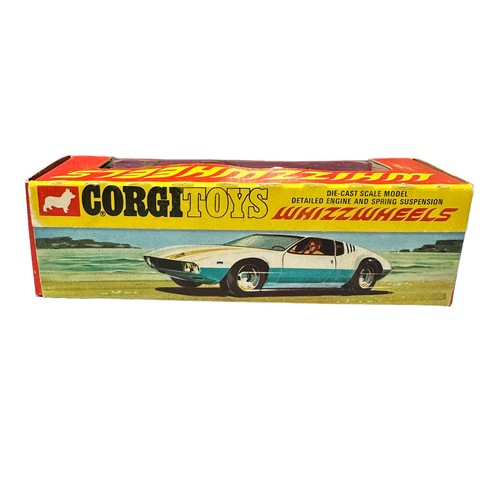 266 - Corgi Whizzwheels De Tomaso Mangusta metallic green with gold decal and intact grey aerial No. 203, ... 