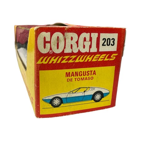 266 - Corgi Whizzwheels De Tomaso Mangusta metallic green with gold decal and intact grey aerial No. 203, ... 