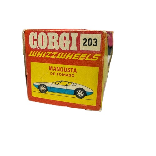 266 - Corgi Whizzwheels De Tomaso Mangusta metallic green with gold decal and intact grey aerial No. 203, ... 