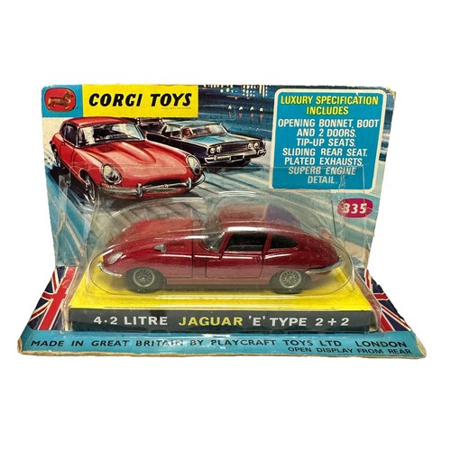 194 - Corgi Jaguar E Type 4.2 litre 2+2 red No. 335, generally excellent in good plus bubble pack (some ed... 