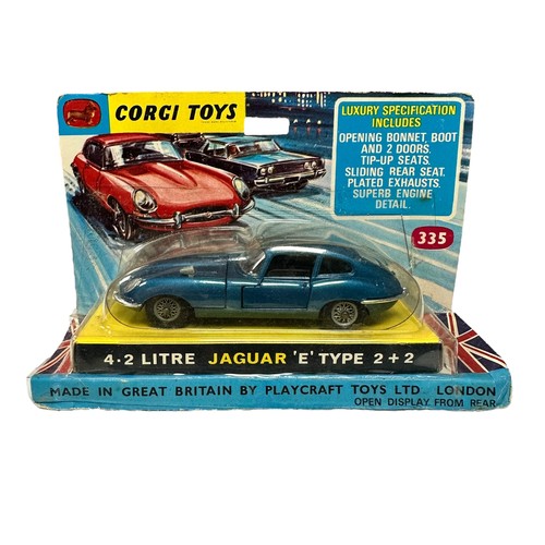 195 - Corgi Jaguar E Type 4.2 litre 2+2 metallic blue No. 335, generally excellent in good plus bubble pac... 