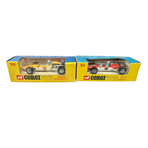 101 - Corgi F1 driver controlled steering Cooper-Maserati race #3 No. 159 and Lotus-Climax race#8 No. 158,... 