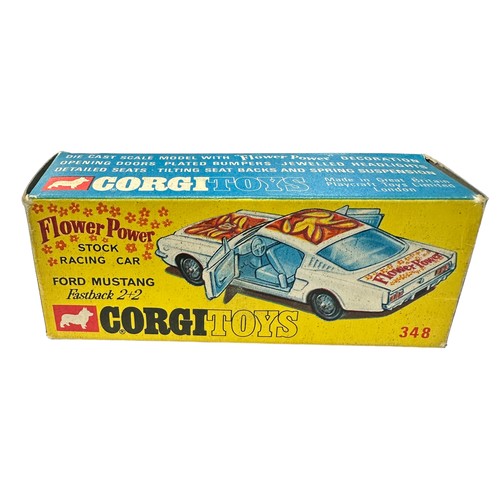 200 - Corgi Ford Mustang Fastback 2+2 Flower Power gold finish cast hubs No. 348, generally excellent in g... 