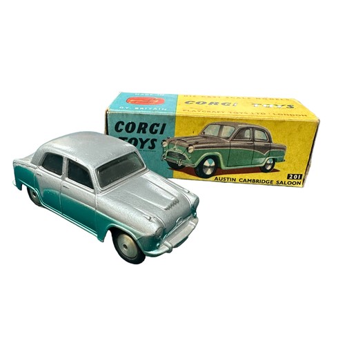 105 - Corgi Austin Cambridge two-tone silver and turquoise and flat spun hubs No. 201, generally excellent... 