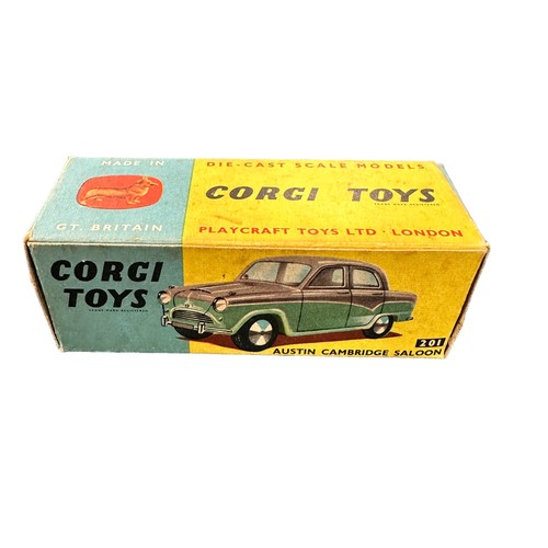 105 - Corgi Austin Cambridge two-tone silver and turquoise and flat spun hubs No. 201, generally excellent... 