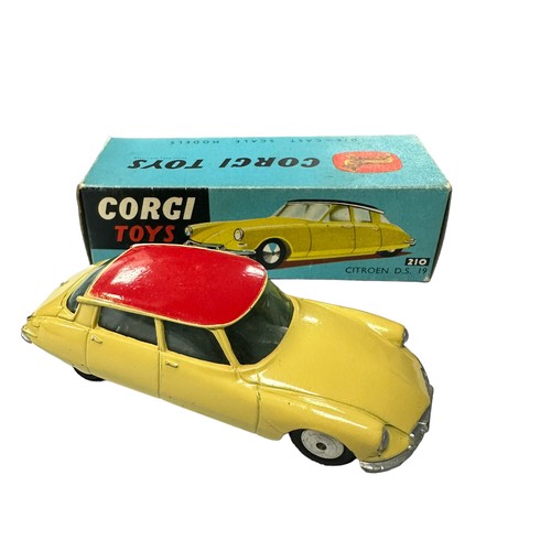 112 - Corgi Citroen D.S. 19 primrose yellow with red roof No. 210, generally excellent to good plus (decal... 