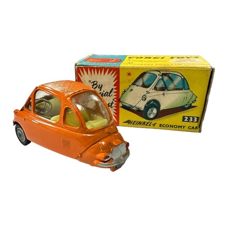 133 - Corgi Heinkel Economy orange w/lemon interior and cast hubs No. 233, generally excellent to good plu... 