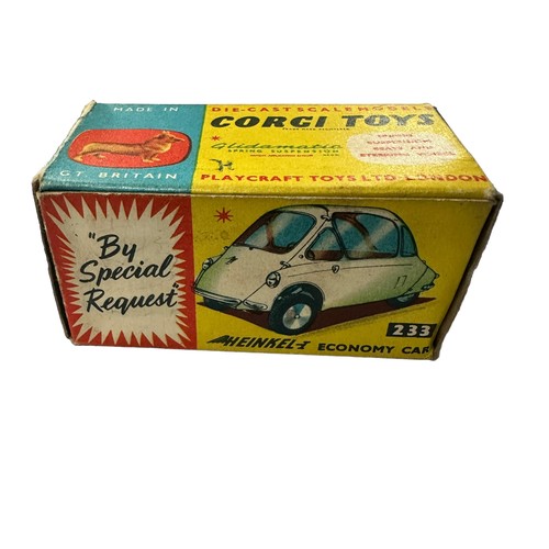 133 - Corgi Heinkel Economy orange w/lemon interior and cast hubs No. 233, generally excellent to good plu... 