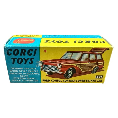 238 - Corgi Ford Consul Cortina Estate dark red No. 491, generally excellent in good plus box (felt tip pe... 