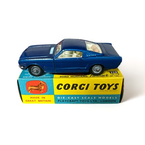 186 - Corgi Ford Mustang Fastback 2+2 No. 320, generally excellent in excellent to good plus blue and yell... 