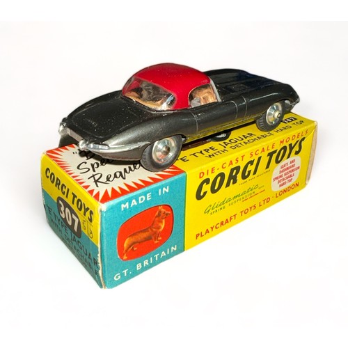 173 - Corgi Jaguar E-Type No. 307, grey with detachable maroon hard top, tan interior, spun hubs, generall... 