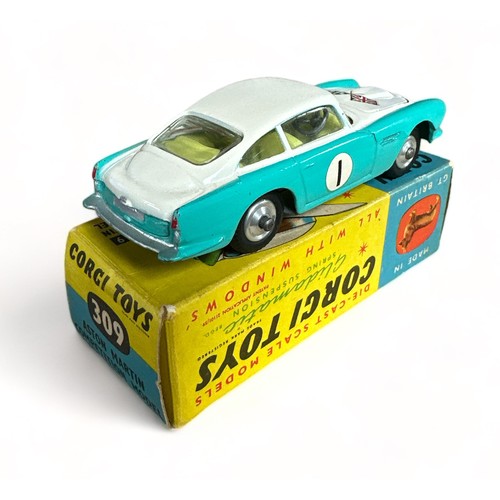 175 - Corgi Aston Martin DB4 Competition No. 309, generally excellent in good plus box, turquoise and whit... 