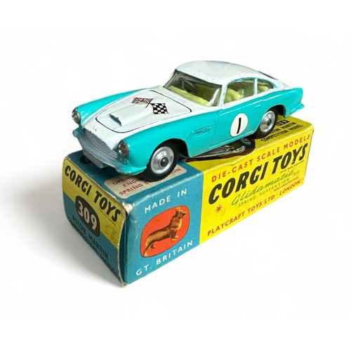 175 - Corgi Aston Martin DB4 Competition No. 309, generally excellent in good plus box, turquoise and whit... 