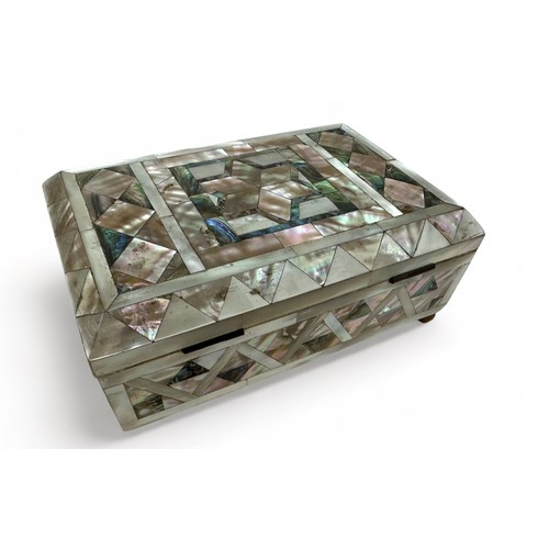 66 - An inlaid mother of pearl hinged jewellery / trinket box on four feet, possibly Victorian. Dimension... 