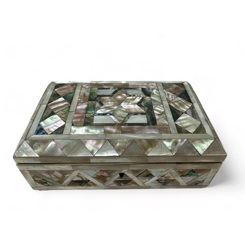 66 - An inlaid mother of pearl hinged jewellery / trinket box on four feet, possibly Victorian. Dimension... 