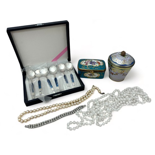 65 - A mixed lot including a Limoges tin, two costume jewellery items a pearl necklace with a silver clas... 