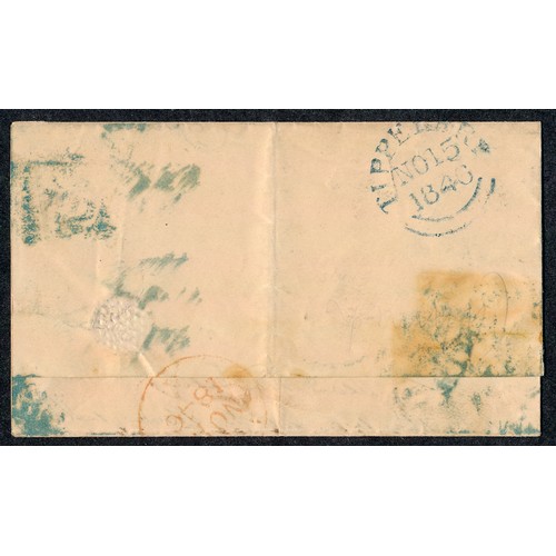 93 - Ireland, 1846 (Nov) EL to Tipperary with 1d imperf G-C, four square cut margins tied by turquoise-bl... 