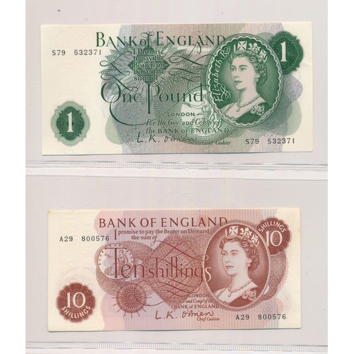 239 - GB Banknotes range (8) with O'Brien £1 L82K, S79, 10/- N41Y, A29, Hollom £10 A36, £5 N20, £1 D02U, 1... 