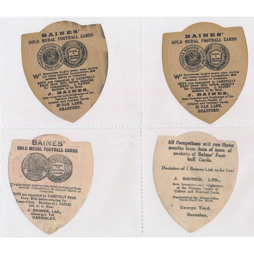 334 - Baines trade cards, Shield shaped Rugby cards (8), with Mossley, Dewsbury, England, Widnes, Grantham... 