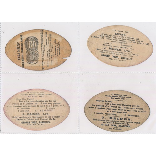 347 - Baines trade cards, Rugby ball shaped (8), with London Scottish, Newport, Oxford University, Otley S... 