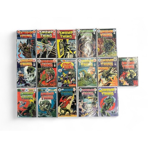 595 - DC Comics Swamp Thing 1970s Nos 2, 3, 7, 8, 9, 11-14, 15-18, 20, 21, 24: All 16 comics bagged & boar... 