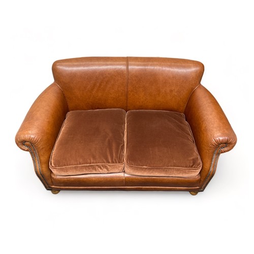 481 - Tetrad Keats two seat club leather sofa & footstool, generally excellent, brown leather (Old Saddle ... 