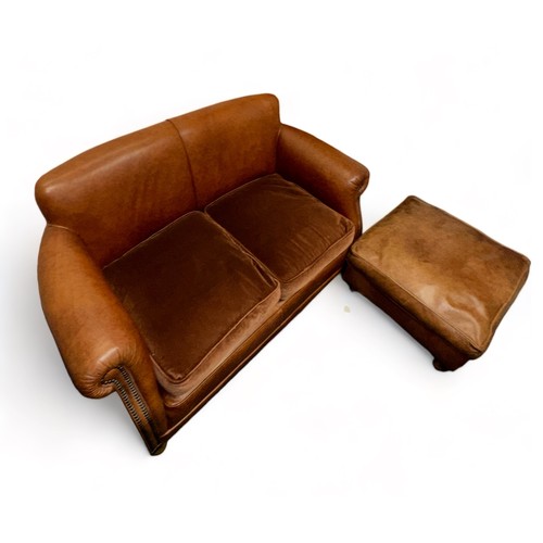 481 - Tetrad Keats two seat club leather sofa & footstool, generally excellent, brown leather (Old Saddle ... 