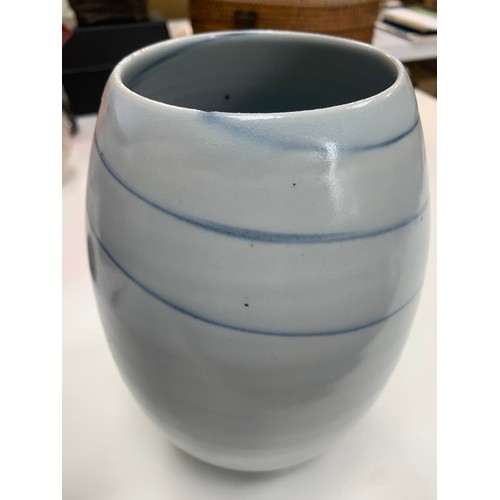 356 - Joanna Constantinidis (British, 1927-2000), white and blue porcelain lustre ovoid vase, integral blu... 