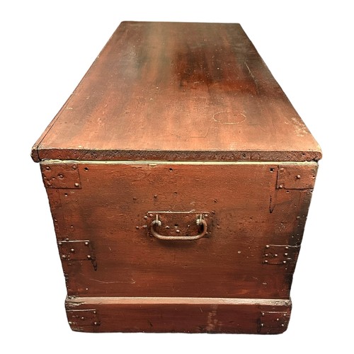 477 - A 19th Century simulated mahogany Seamans trunk, with blue fabric lining, w128cm x d52cm x h51cm.