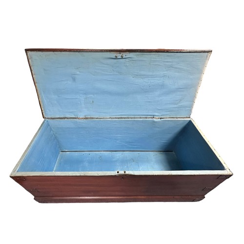 477 - A 19th Century simulated mahogany Seamans trunk, with blue fabric lining, w128cm x d52cm x h51cm.