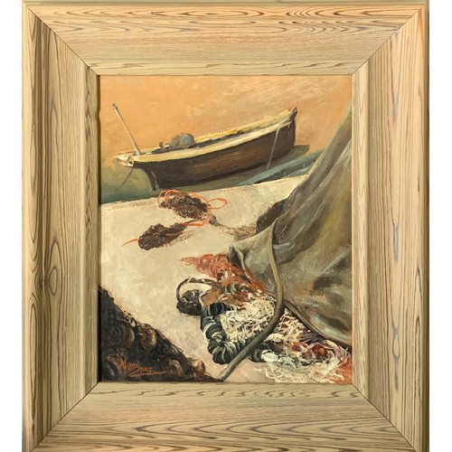 456 - Matt Bruce (British, 1915-2000), oil on board fishing boat scene with fishing nets to foreground. Si... 