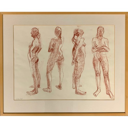 443 - Sally Scott (British, b. 1939), red charcoal on paper sketch of the female form at four angles. Sign... 