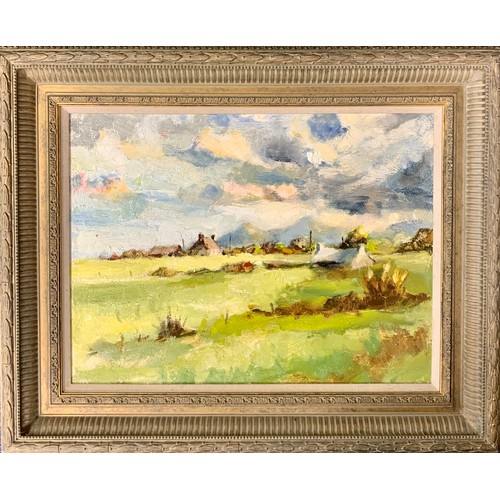 467 - Wallace F Brown (British, 20th Century), oil on board rural Farm scene. Unsigned, framed. Indistinct... 