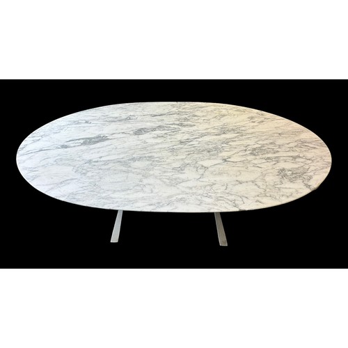 482 - Large Knoll style oval Carrera marble table, on bespoke aluminium metal base. 210cmx120cmx73cm.