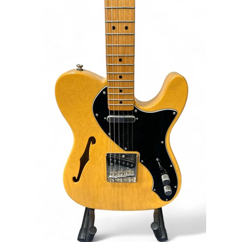 211 - Squire Telecaster Semi Electric Acoustic Guitar. Mustard yellow finish. Comes with a sleeve case. Bu... 