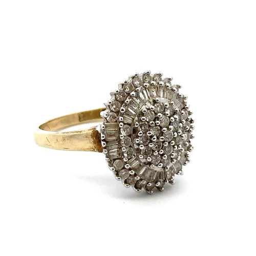 19 - A 9ct gold ring set with oval head set with round brilliant and tapered baguette diamonds. Size O. W... 