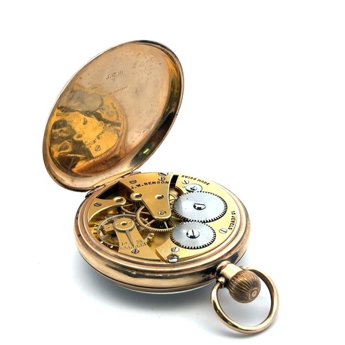 122 - A 9ct gold J W Benson 15 jewel Swiss made pocket watch with white enamel dial with blue steeled hand... 