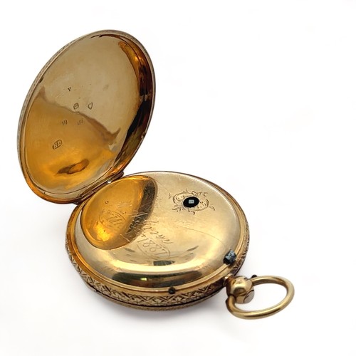 127 - An 18ct gold key wound pocket watch with gold dial and Roman numeral markers. London 1875 hallmarks ... 