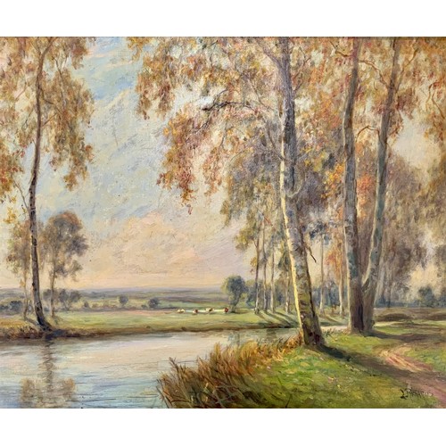 450 - L Richards / Daniel Sherrin (British, 1868-1940), oil on canvas lakeside landscape. Signed L Richard... 